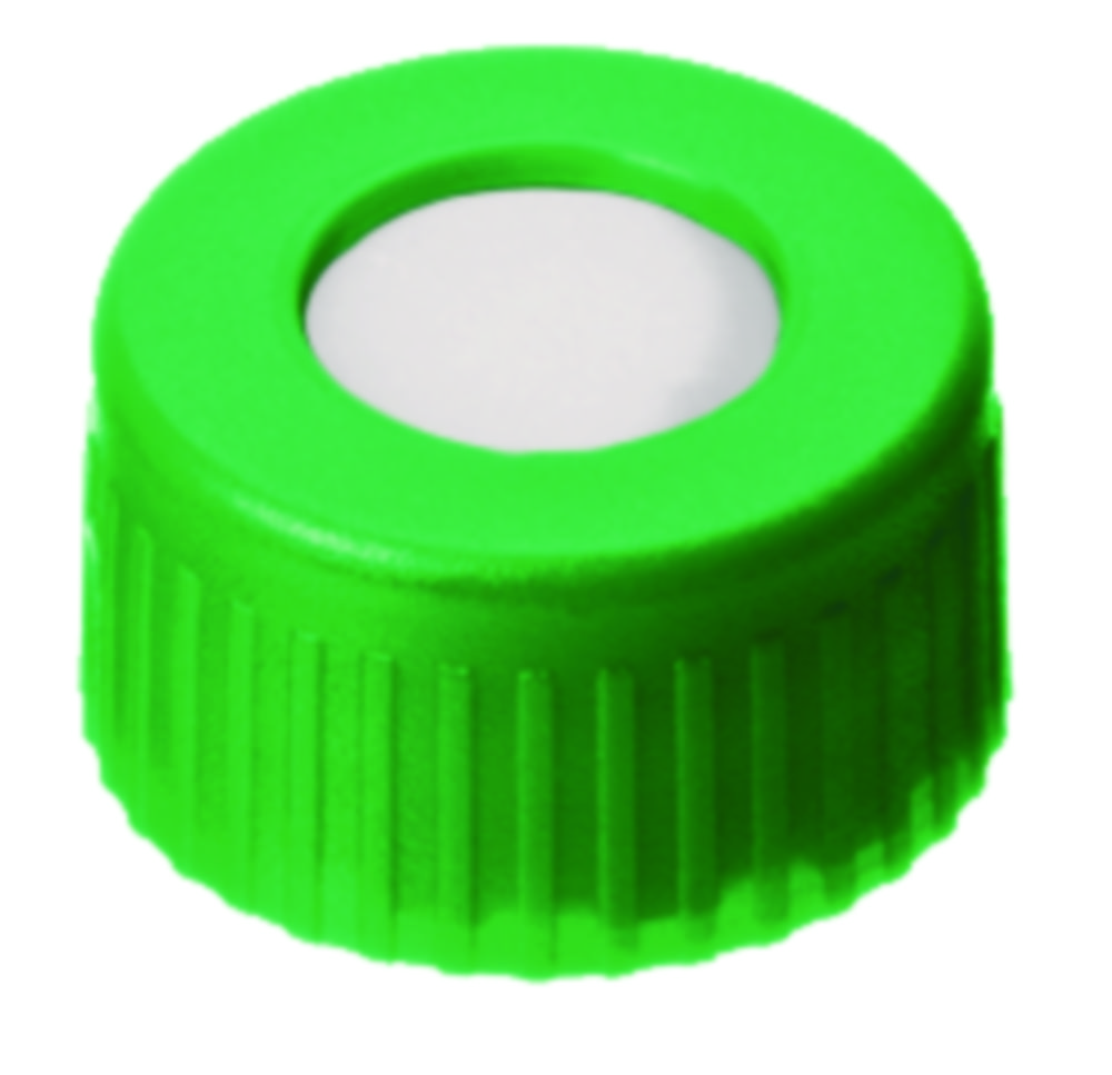 Screw cap, LLG, N 9 short thread, green PP w. hole, silicone/PTFE 55 A