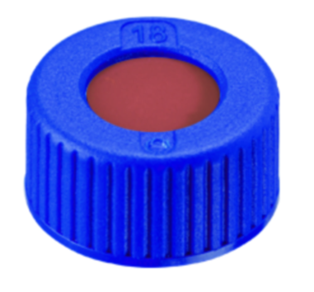 Screw cap, LLG, N 9 short thread, blue PP w. hole, rubber/PTFE 45 A