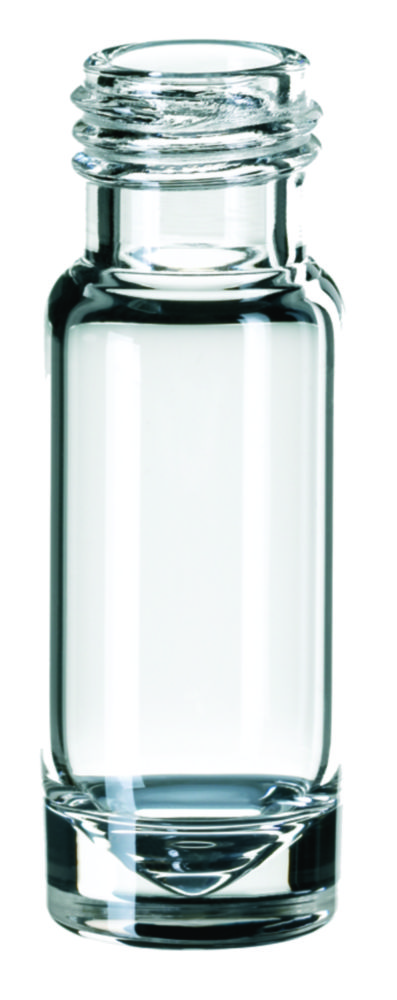 Vials w. screw neck, LLG, N 9 short thread, small opening, conical bottom, 1,1 mL, clear