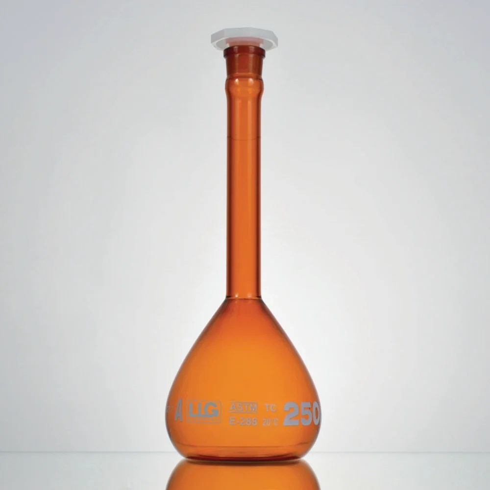 Volumetric flask, LLG, amber, cl. A, NS10, PE stopper, 5 mL, 2 pcs
