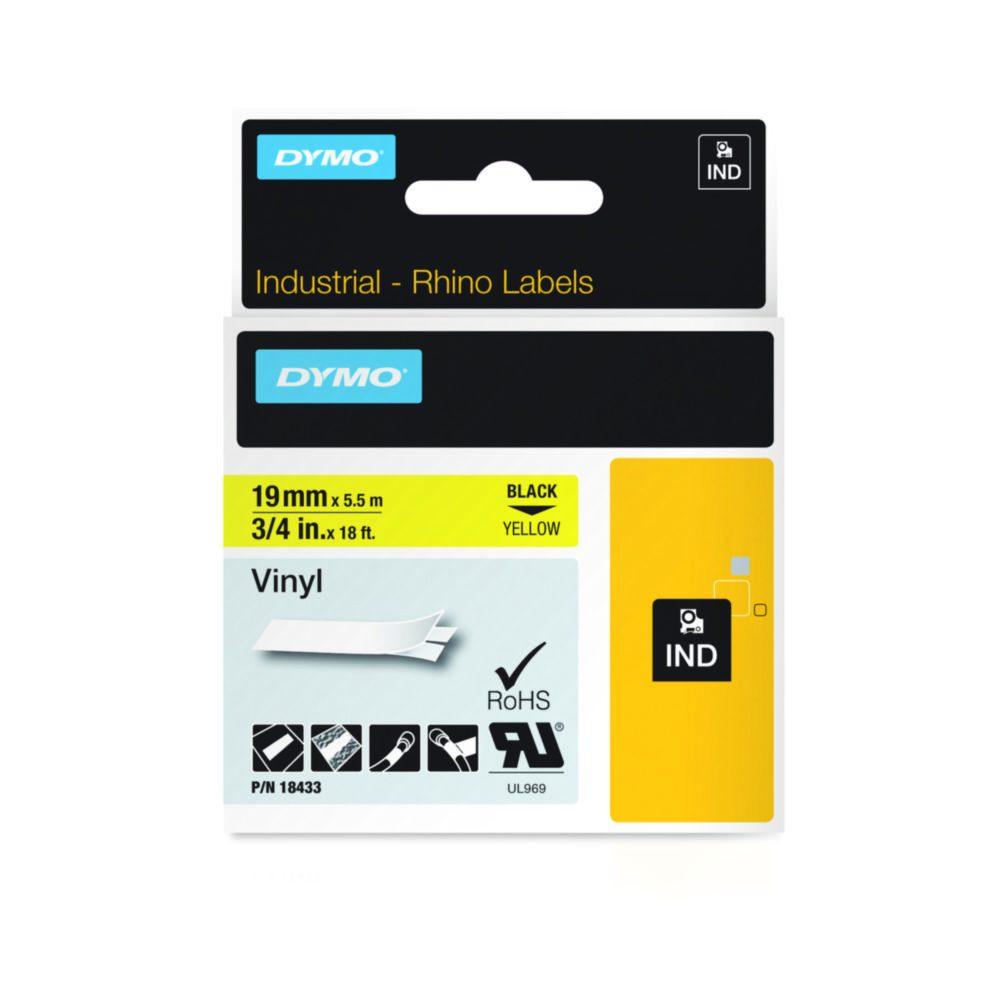 DYMO® Original IND-Tape for Rhino, 19mm x 5,5m, coloured Vinyl, black on yellow