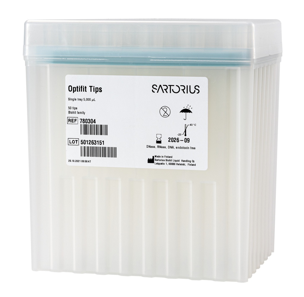 Optifit-Pipette tips, Sartorius, 100-5000 µl, length 150,0 mm, rack of 50 pcs.