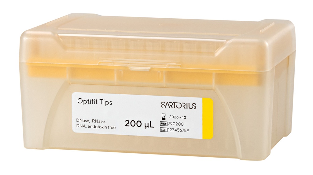 Optifit-Pipette tips, Sartorius, 0,5-200 µl, length 51,0 mm, 10 rack with 96 pcs, sterile