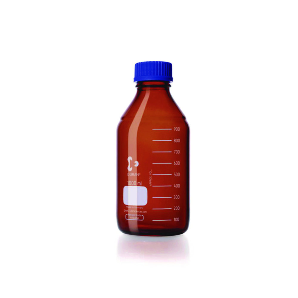 Laboratory bottle, Duran, 1000 ml, amber glass, GL45, with screw cap and pouring ring