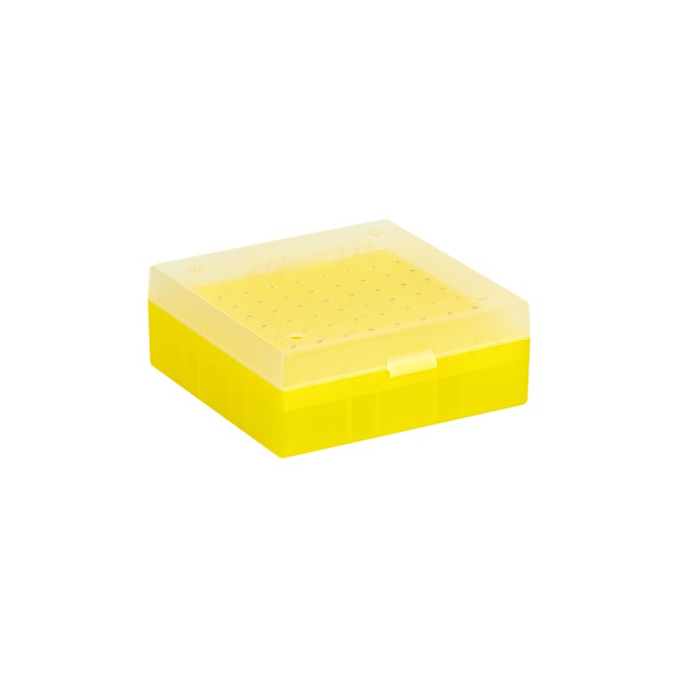 [1520011] Cryobox, Ratiolab, 133 x 133 x 52 mm, PP, 9 x 9, 1,2/2,0 ml cryotube, yellow