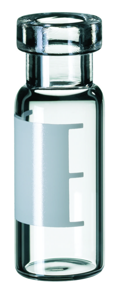 Vials w. crimp neck, LLG, N 11 crimp, wide opening, flat bottom, 1,5 mL, clear, w. labeling field
