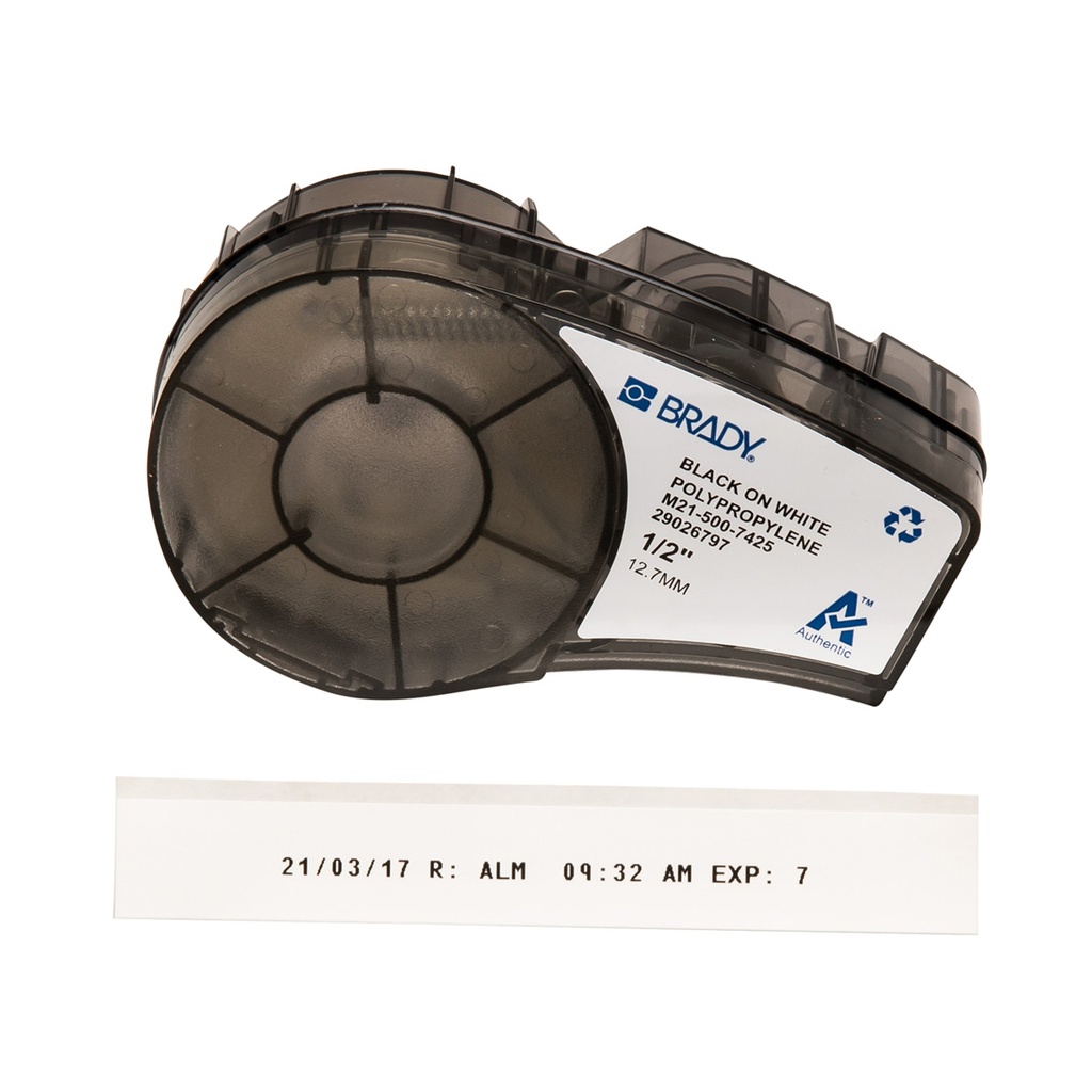 Tape, Brady 7425, 9,53 mm x 6,4 m. PP, -192°C, sort på hvid