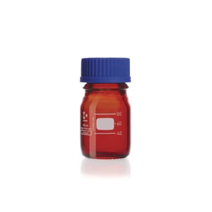 Laboratory bottle, Duran, 50 ml, amber glass, GL32, with screw cap and pouring ring