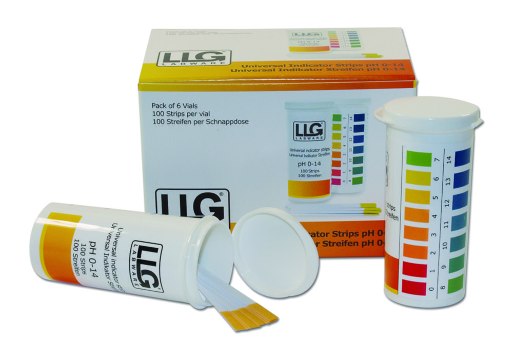 [9129808] pH indicator paper, LLG Premium, strips, pH 0 - 14, PlopTop, 100 pcs