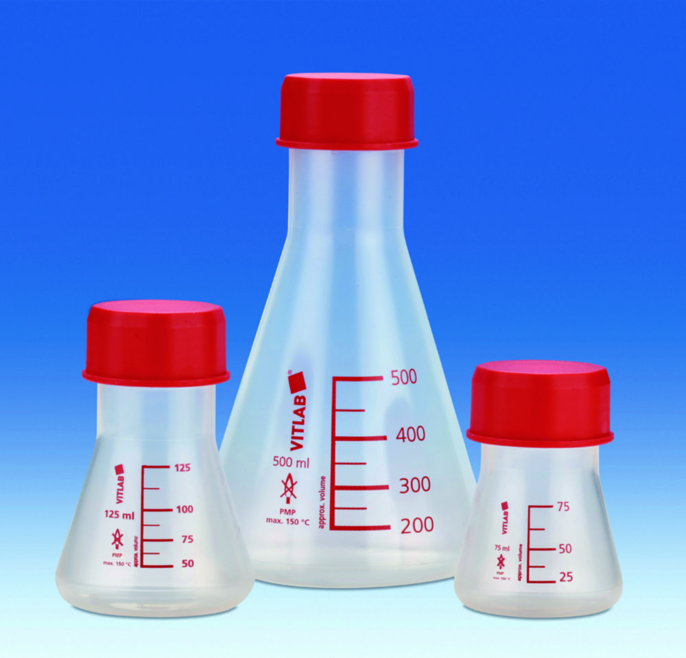Erlenmeyer flask w. wide screw neck and cap, VITLAB, PP, GL 45, 125 mL, 6 pcs